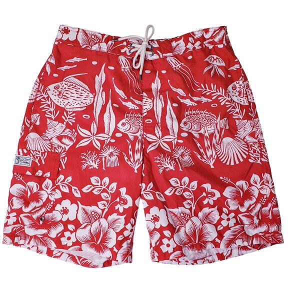 POLO Ralph Lauren Men's Large Hawaiian Board Shorts/Swim Trunks Red White VGUC - Picture 1 of 13